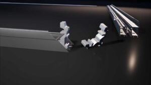 Frame from a 3D animation showing how the windows are assembled.